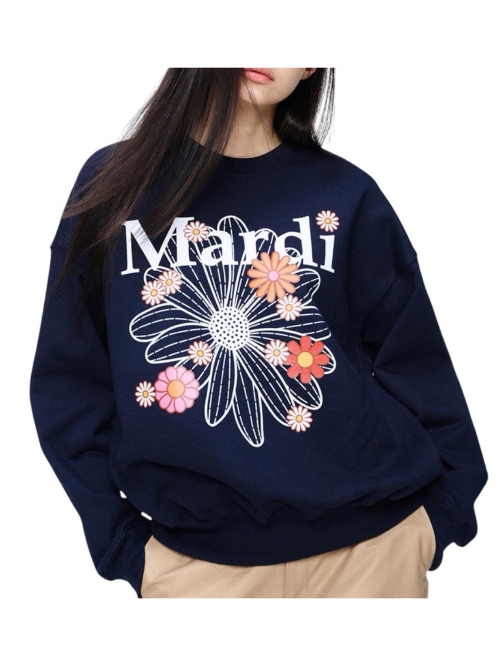 Mardi Mercredi Flower Floral Graphic Black Crew Neck Pullover Sweater